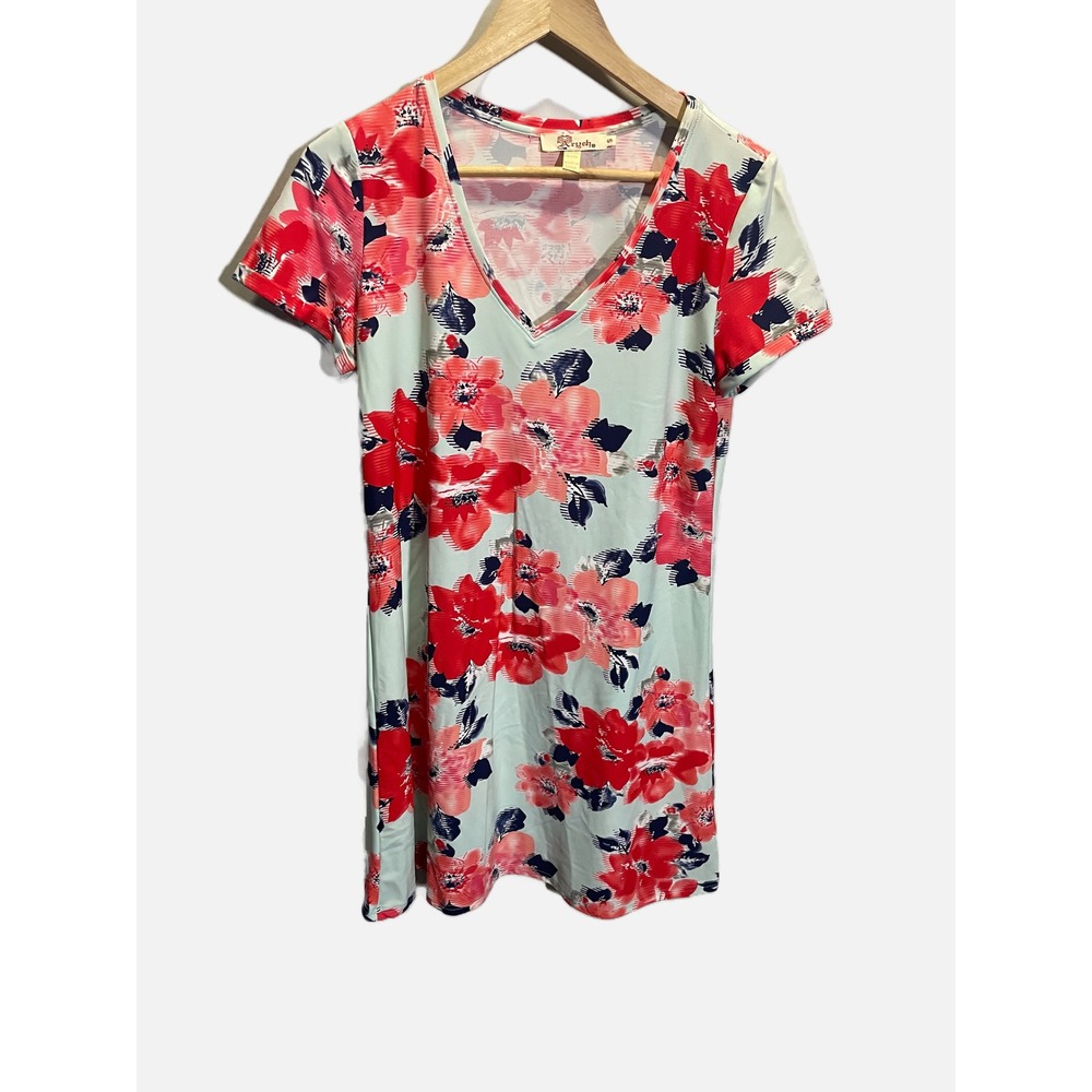 Aryeh Floral V-Neck Dress Womens S Mint Red Short Sleeve Mini Summer Casual